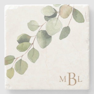 Dessous-de-verre En Pierre Monogramme simple à l'aquarelle d'eucalyptus