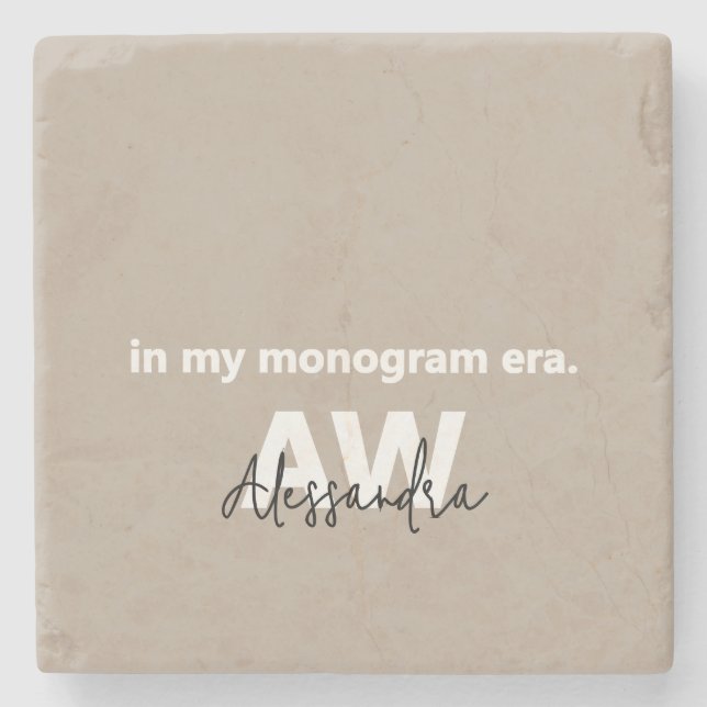 Dessous-de-verre En Pierre Monogramme Tan White Typographie Noir Nom Minimal (Devant)