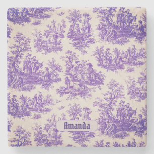 Dessous-de-verre En Pierre monogramme vintage fleuri violet toile de jouy