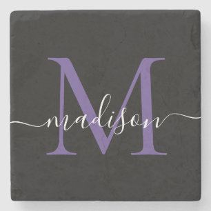Dessous-de-verre En Pierre Monogramme violet noir Feminine Nom du script