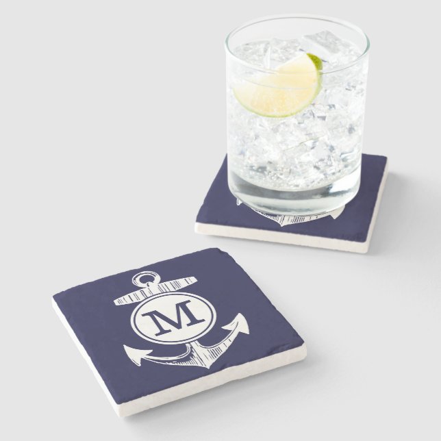 Dessous-de-verre En Pierre Motif Ancre bleu marine (Côté)