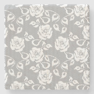Dessous-de-verre En Pierre Motif blanc de dentelle sur l'arrière - plan gris