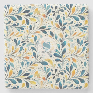 Dessous-de-verre En Pierre Motif bleu et or Paisley Leaf (2)