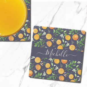 Dessous-de-verre En Pierre Motif botanique floral d'été citrus orange