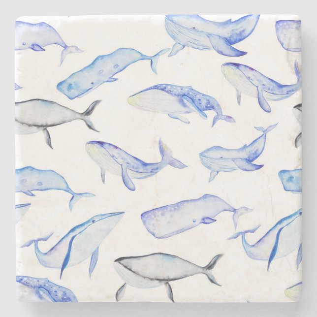 Dessous-de-verre En Pierre Motif de baleine bleue d'aquarelle (Devant)