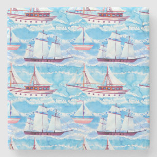 Dessous-de-verre En Pierre Motif de bateaux de navigation d'aquarelle