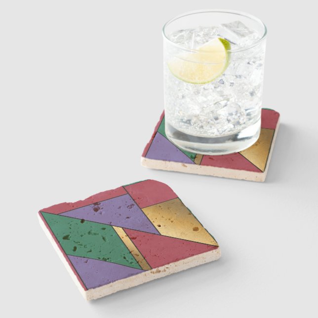 Dessous-de-verre En Pierre Motif géométrique Gold violet vert rouge (Côté)