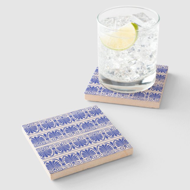Dessous-de-verre En Pierre Motif grec méditerranéen bleu (Côté)
