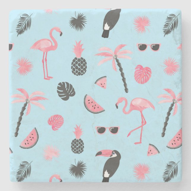 Dessous-de-verre En Pierre Motif tropical d'été rose et bleu (Devant)