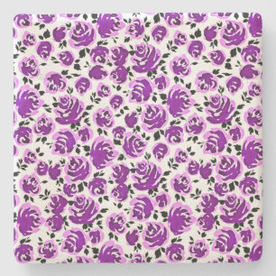 Dessous-de-verre En Pierre Motifs de roses violettes blanches mignonnes
