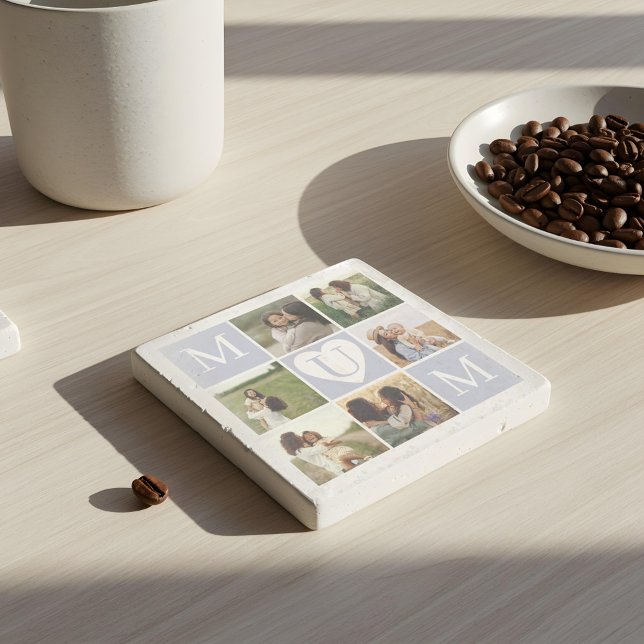 Dessous-de-verre En Pierre Mum Heart Photo Collage Gird Monogram Keepsaké (Mum Heart Photo Collage Gird Monogram Keepsake Stone Coaster)