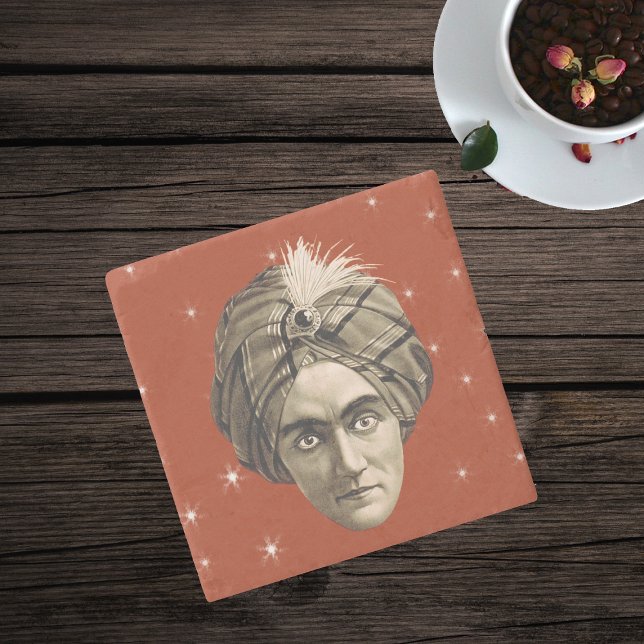 Dessous-de-verre En Pierre Mystérieux Éffrayant Génie Magique Tête Face Turba (Head face of Magician man with turban on red with white stars stone drink coaster.)