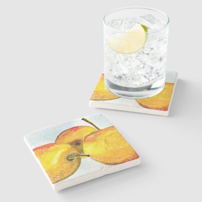Dessous-de-verre En Pierre Nashi poires jaune aquarelle fruit (Côté)