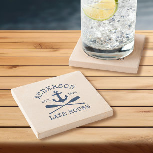 Dessous-de-verre En Pierre Nautical Lake House Blue Ancre Oars Sandstone