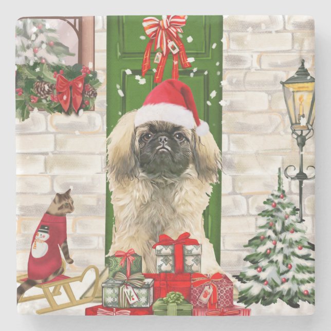 Dessous-de-verre En Pierre Noël de chien de Pékin (Devant)