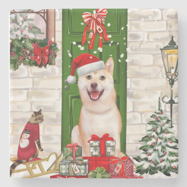 Dessous-de-verre En Pierre Noël de Chien Shiba Inu (Devant)