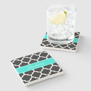 Dessous-de-verre En Pierre Noir Blanc Marocain #5 Brt Nom Aqua Monogramme