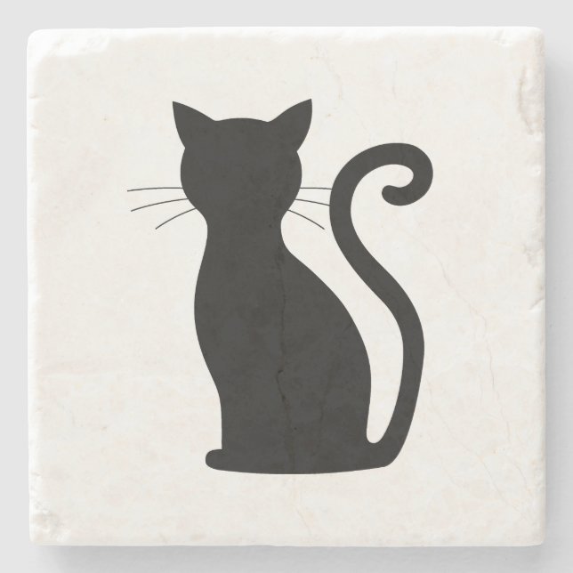 Dessous-de-verre En Pierre Noir Chat Silhouette Noir et Blanc Cute (Devant)