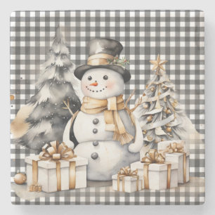 Dessous-de-verre En Pierre Noir Noël snowman design hiver