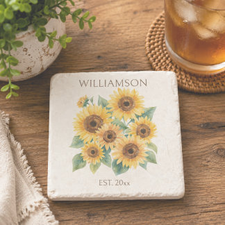 Dessous-de-verre En Pierre Nom de famille Tournesols rustiques