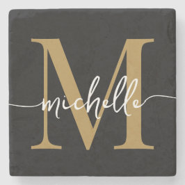 Dessous-de-verre En Pierre Nom de monogramme moderne en or noir à l'écriture
