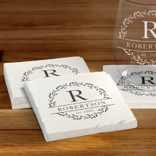 Dessous-de-verre En Pierre Nom du monogramme Couronne botanique moderne