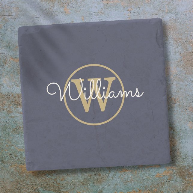 Dessous-de-verre En Pierre Nom du script de monogramme bleu marine (Navy Blue Gold Monogram Script Name Stone Coaster)