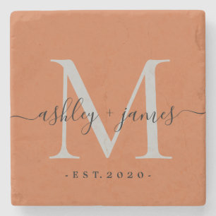 Dessous-de-verre En Pierre Noms de monogramme chic Date de mariage Orange brû