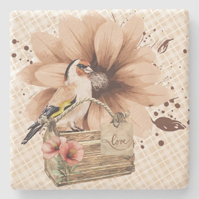 Dessous-de-verre En Pierre Nook d'oiseaux en fleurs rustiques (Devant)