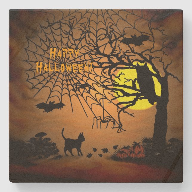 Dessous-de-verre En Pierre Nuit d'Halloween, Joyeux Halloween ! (Devant)