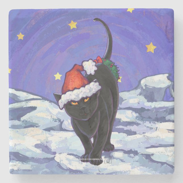 Dessous-de-verre En Pierre Nuit étoile Noir Chat Noël (Devant)