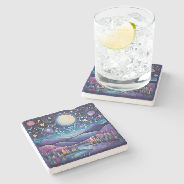 Dessous-de-verre En Pierre Nuit lunaire Big Moon Paysage (Côté)