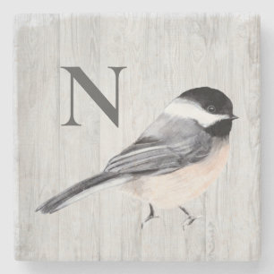 Dessous-de-verre En Pierre Oiseau aquarelle bois rustique monogramme