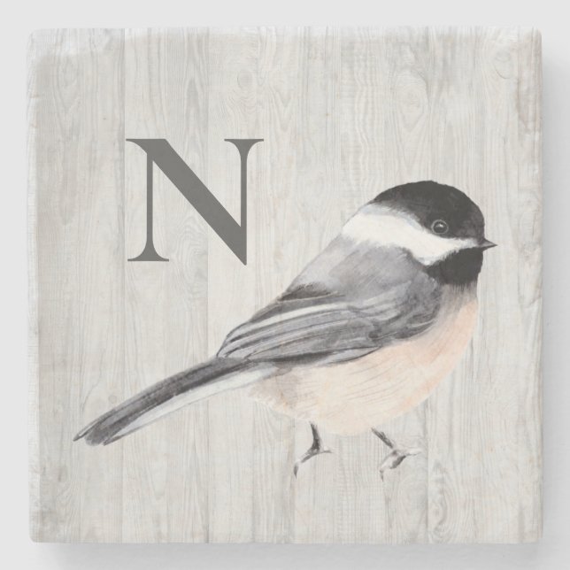 Dessous-de-verre En Pierre Oiseau aquarelle bois rustique monogramme (Devant)