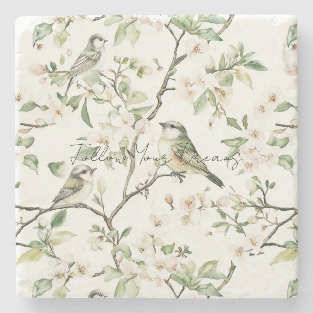 Dessous-de-verre En Pierre Oiseaux verts fleurs blanches arbre (Devant)