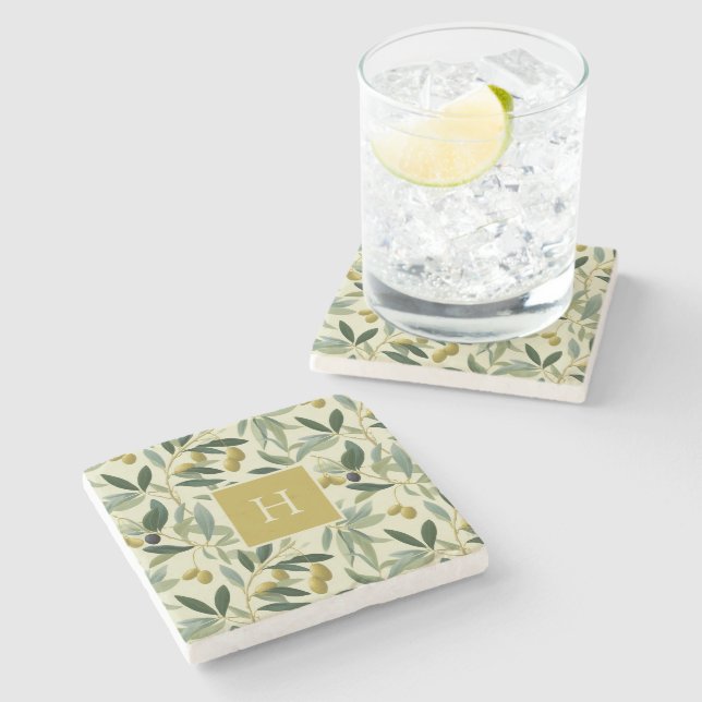 Dessous-de-verre En Pierre Olive Branch Monogram Initial Botanical (Côté)