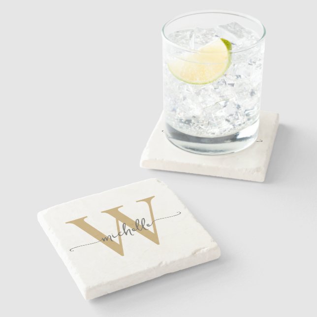 Dessous-de-verre En Pierre Or Blanc Moderne Écriture Personnalisée Monogramme (Côté)