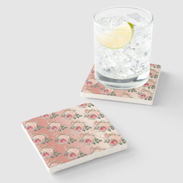 Dessous-de-verre En Pierre Or Confetti rose Roses Floral (Côté)
