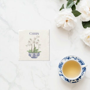 Dessous-de-verre En Pierre Orchidée blanche dans le bol de Chinoiserie