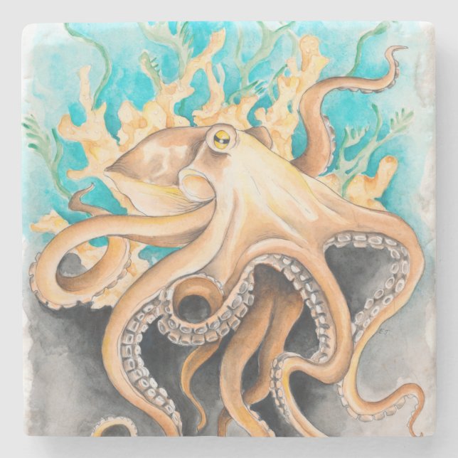 Dessous-de-verre En Pierre Otopus Algues Turquoises Aquarelle Art (Devant)