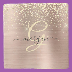Dessous-de-verre En Pierre Paillettes dorées, monogramme doré, nom en script 