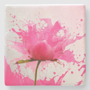 Dessous-de-verre En Pierre Paint Splatter Abstrait Fleur Rose