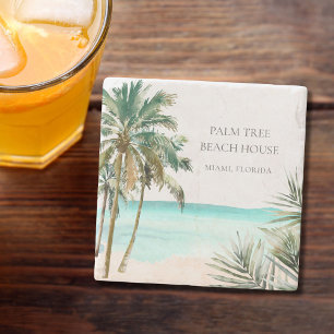 Dessous-de-verre En Pierre Palmier Tropical Personnalisé Feuilles Plage Bleue
