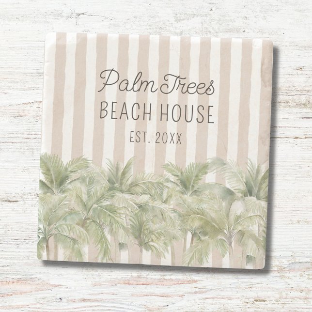 Dessous-de-verre En Pierre Palmiers tropicaux Beige Stripes Maison de plage (In situ)