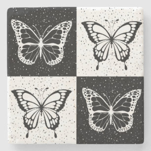 Dessous-de-verre En Pierre Papillon blanc noir À damiers bloc