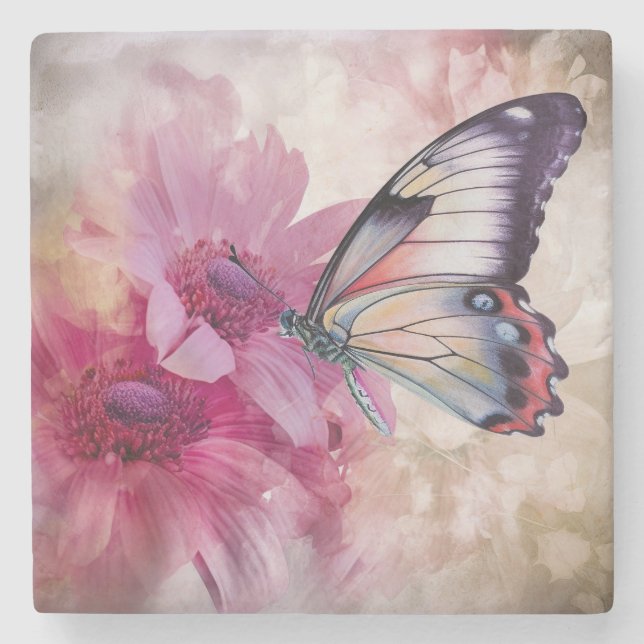 Dessous-de-verre En Pierre Papillon Dreamy aux fleurs roses (Devant)