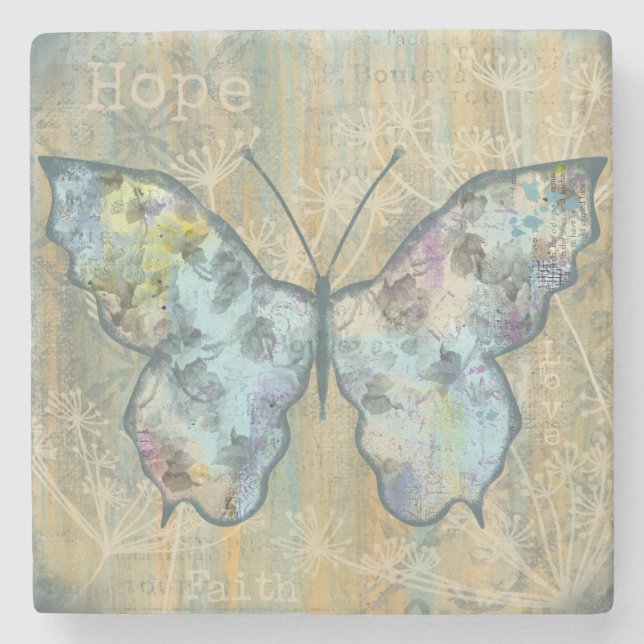 Dessous-de-verre En Pierre Papillon "Foi, Espoir, & Amour" (Devant)