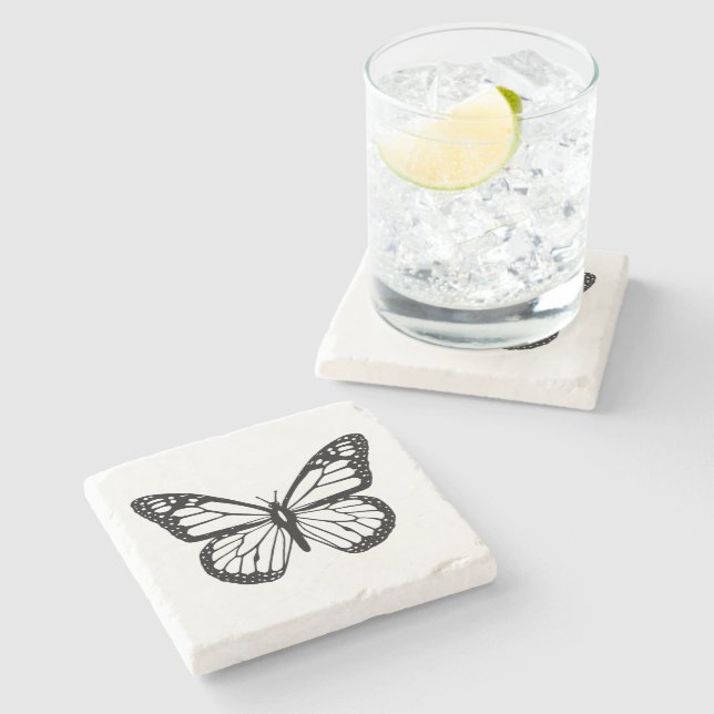 Dessous-de-verre En Pierre Papillon noir et blanc (Côté)