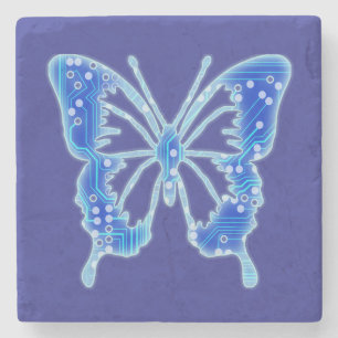 Dessous-de-verre En Pierre Papillon numérique bleu, personnaliser arrière - p