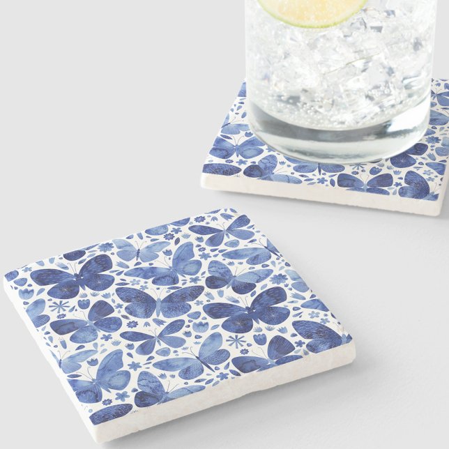 Dessous-de-verre En Pierre Papillons Aquarelle Bleu (Blue watercolor butterfly pattern stone coaster)